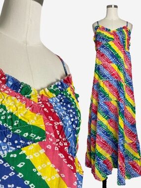 Vintage Jessica Taylor Rainbow smocked tiered maxi dress patchwork prairiecore L